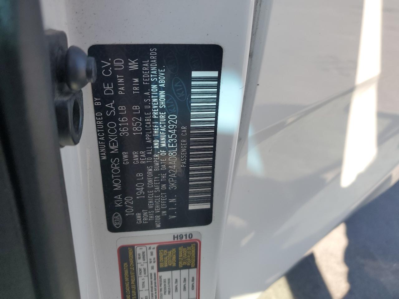 2020 Kia Rio Lx VIN: 3KPA24AD8LE354920 Lot: 50588265