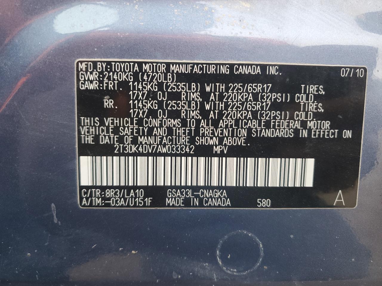 2010 Toyota Rav4 Limited VIN: 2T3DK4DV7AW033342 Lot: 49925075