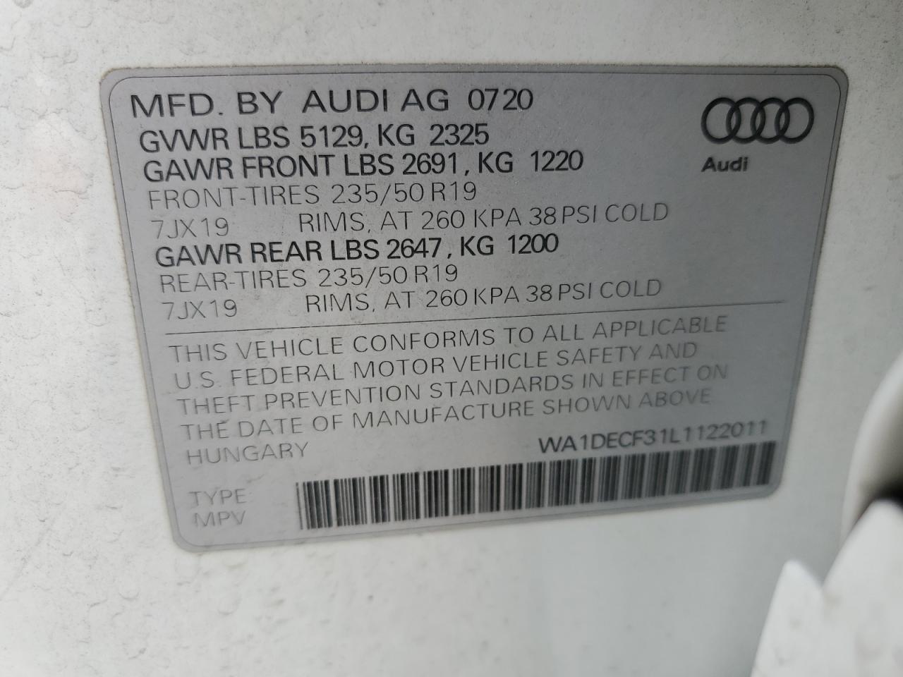 2020 Audi Q3 Premium S Line VIN: WA1DECF31L1122011 Lot: 50725195