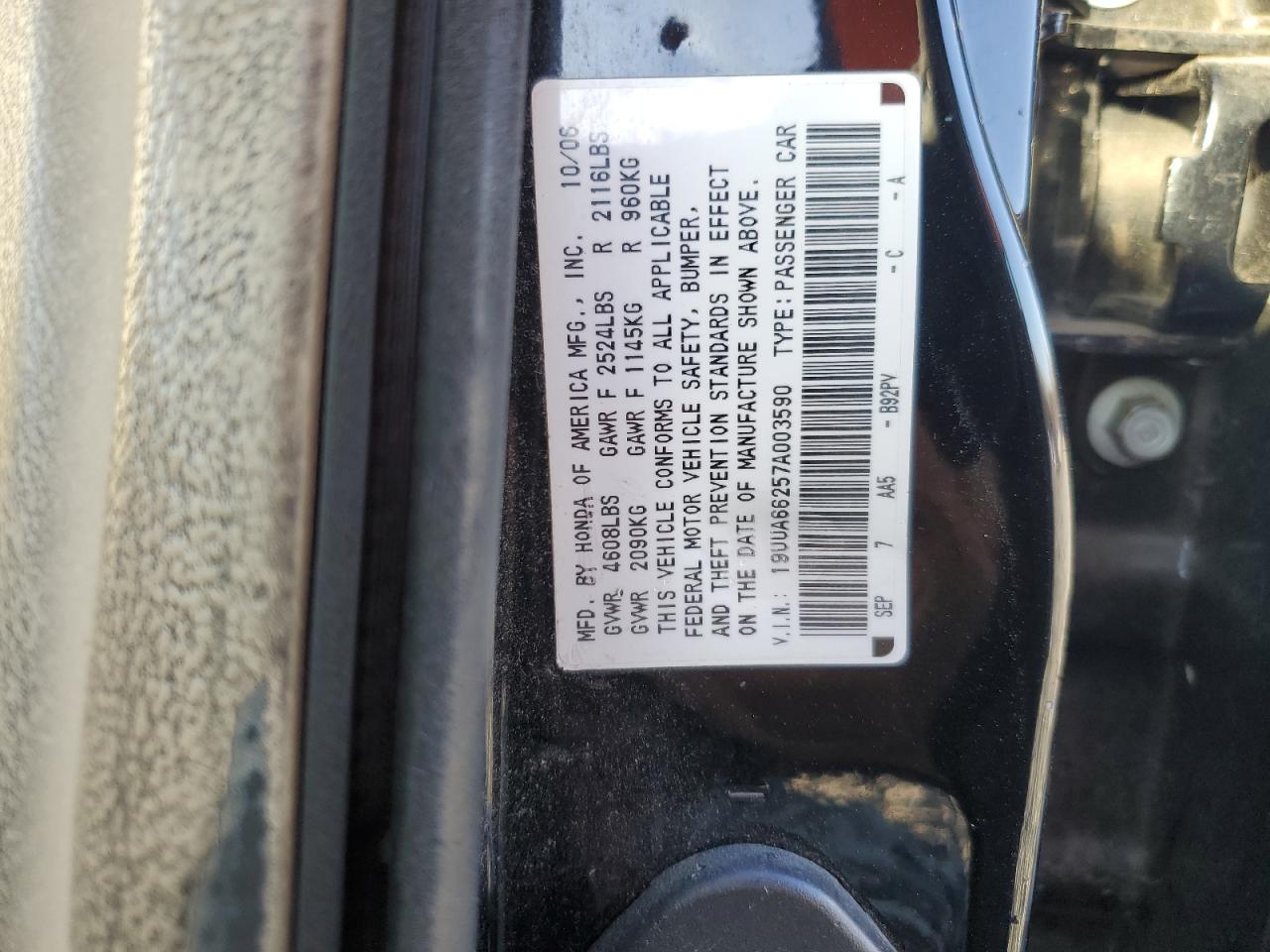 2007 Acura Tl VIN: 19UUA66257A003590 Lot: 50766305