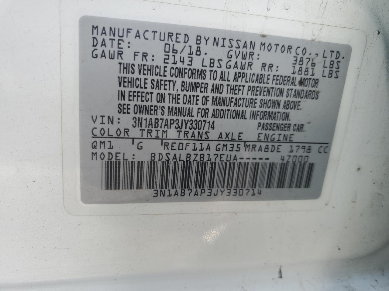 2018 Nissan Sentra S VIN: 3N1AB7AP3JY330714 Lot: 49295765