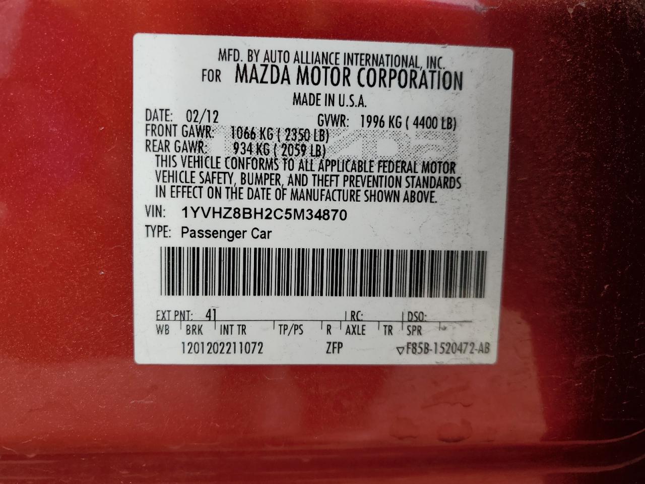 2012 Mazda 6 I VIN: 1YVHZ8BH2C5M34870 Lot: 47354435