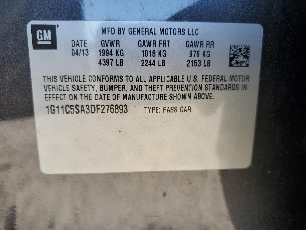 1g11c5sa3df276893 1G11C5SA3DF276893 2013 Chevrolet Malibu 1Lt