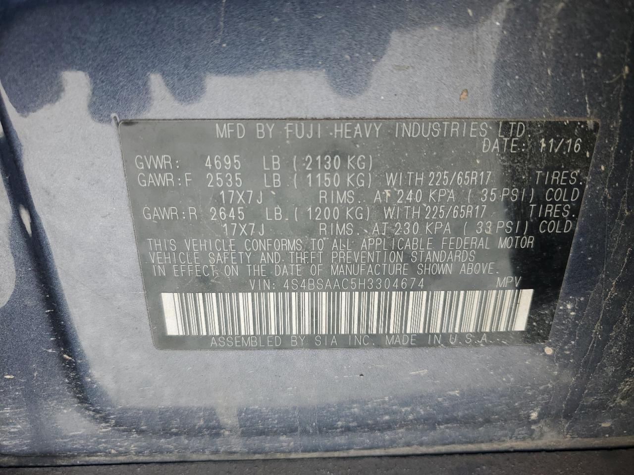 2017 Subaru Outback 2.5I VIN: 4S4BSAAC5H3304674 Lot: 49125715