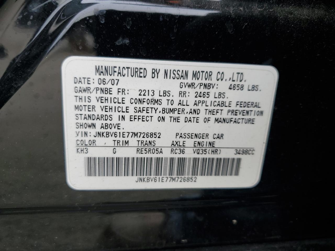 2007 Infiniti G35 VIN: JNKBV61E77M726852 Lot: 47409805