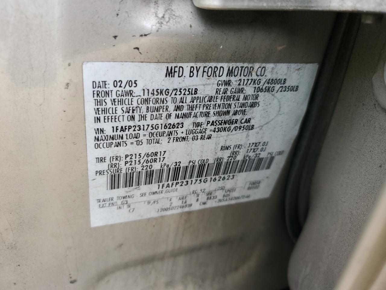 2005 Ford Five Hundred Se VIN: 1FAFP23175G162623 Lot: 50971655