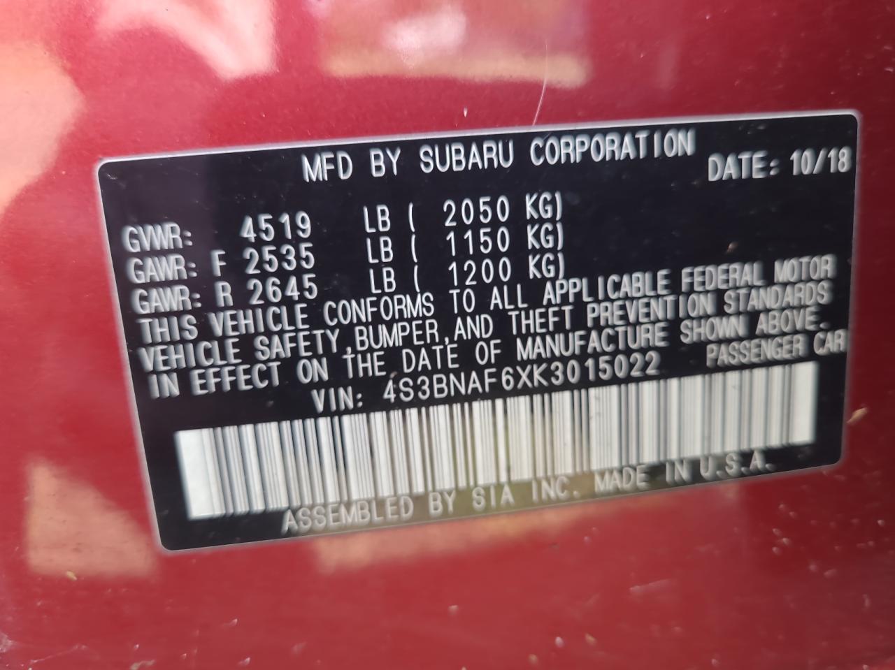 2019 Subaru Legacy 2.5I Premium VIN: 4S3BNAF6XK3015022 Lot: 49858695