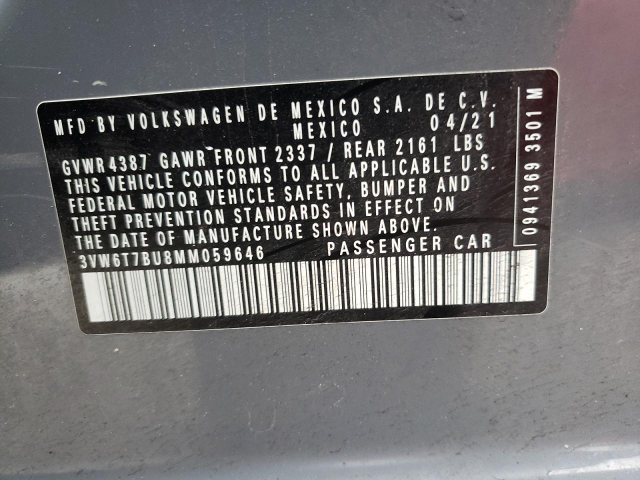 2021 Volkswagen Jetta Gli VIN: 3VW6T7BU8MM059646 Lot: 50851335