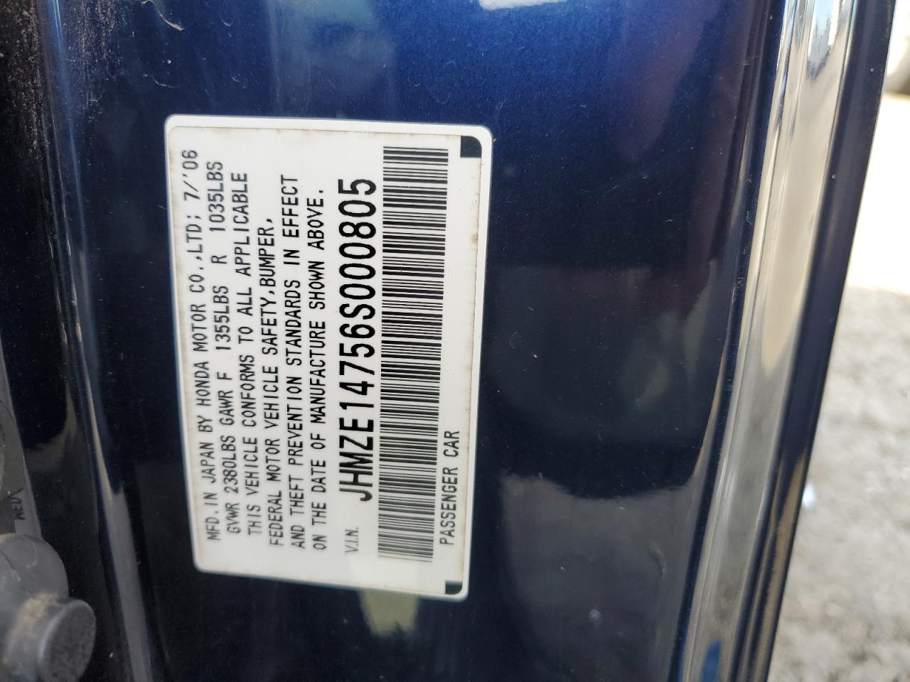 2006 Honda Insight VIN: JHMZE14756S000805 Lot: 50234535