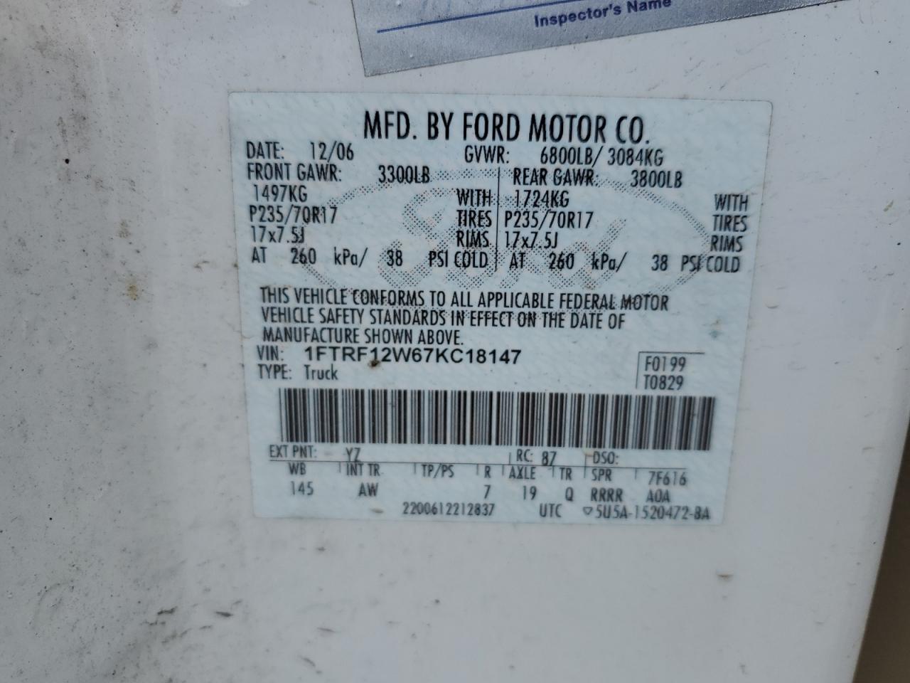 2007 Ford F150 VIN: 1FTRF12W67KC18147 Lot: 49585925