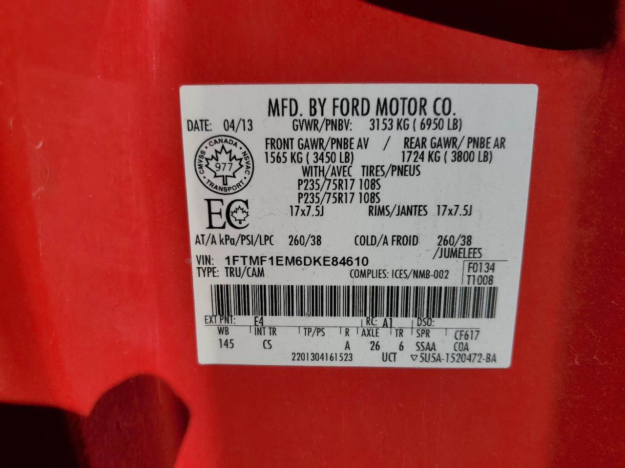 2013 Ford F150 VIN: 1FTMF1EM6DKE84610 Lot: 50074155