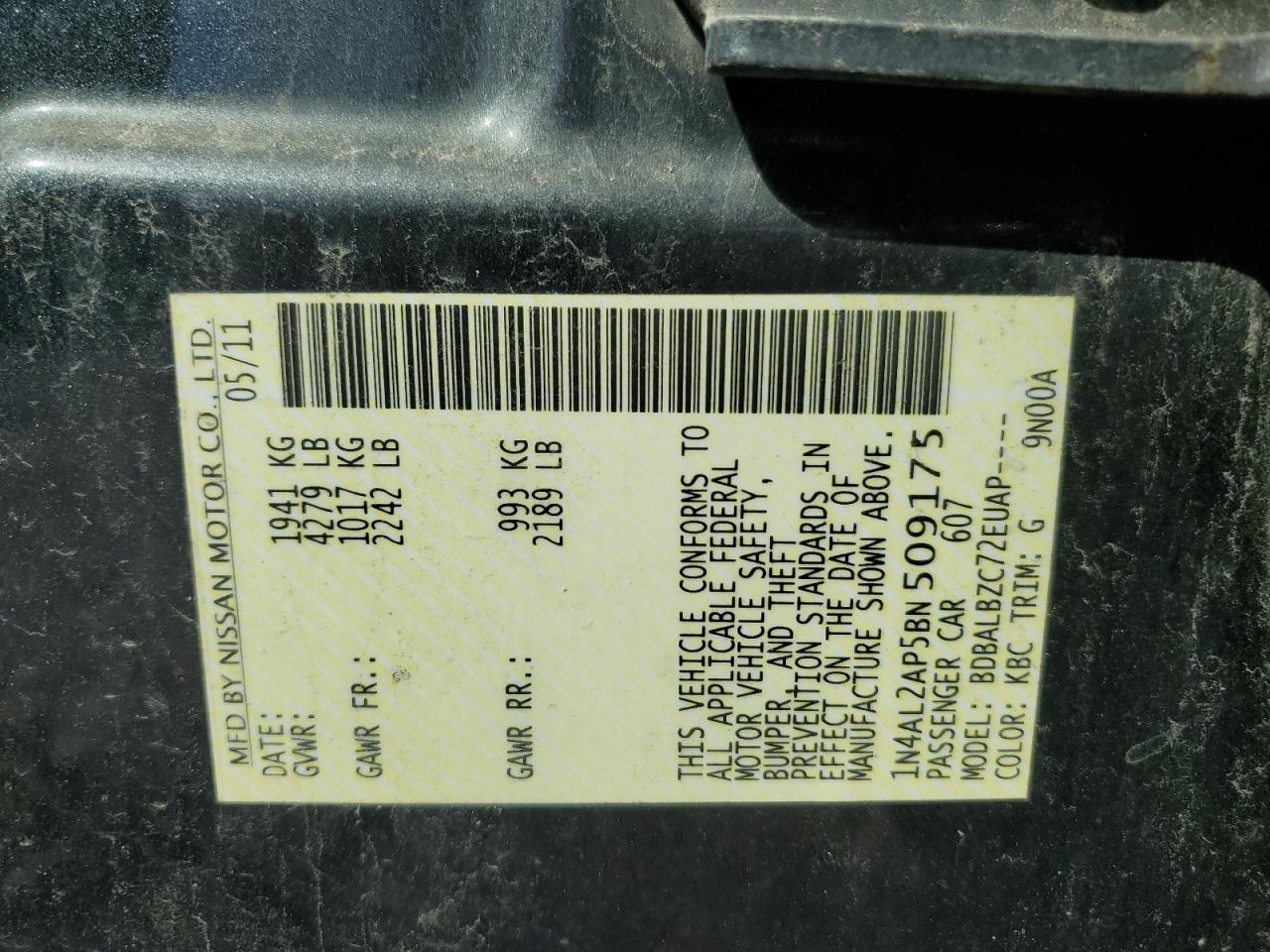 2011 Nissan Altima Base VIN: 1N4AL2AP5BN509175 Lot: 50794245