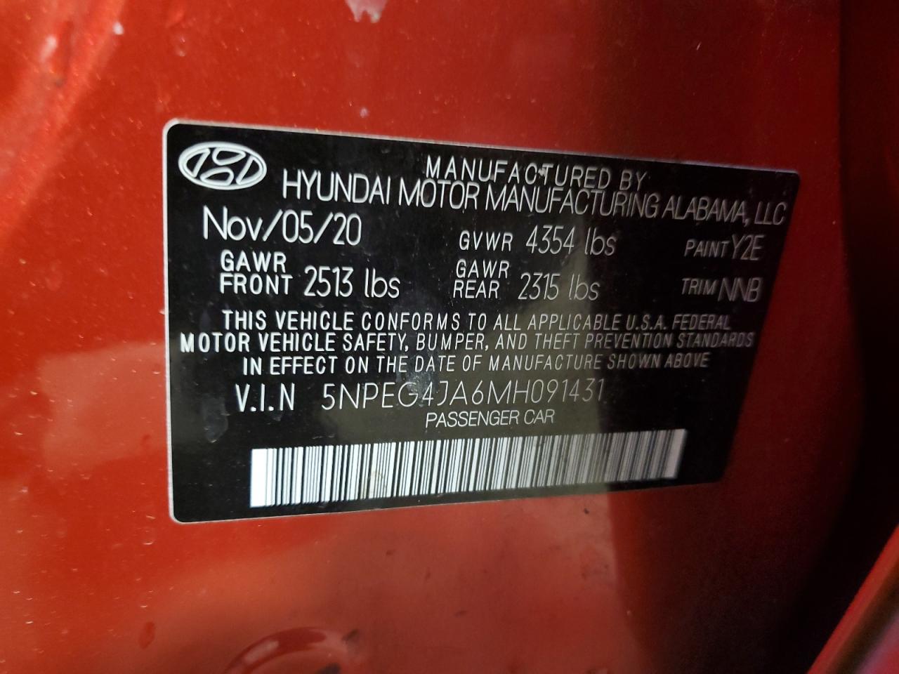 2021 Hyundai Sonata Se VIN: 5NPEG4JA6MH091431 Lot: 49836195