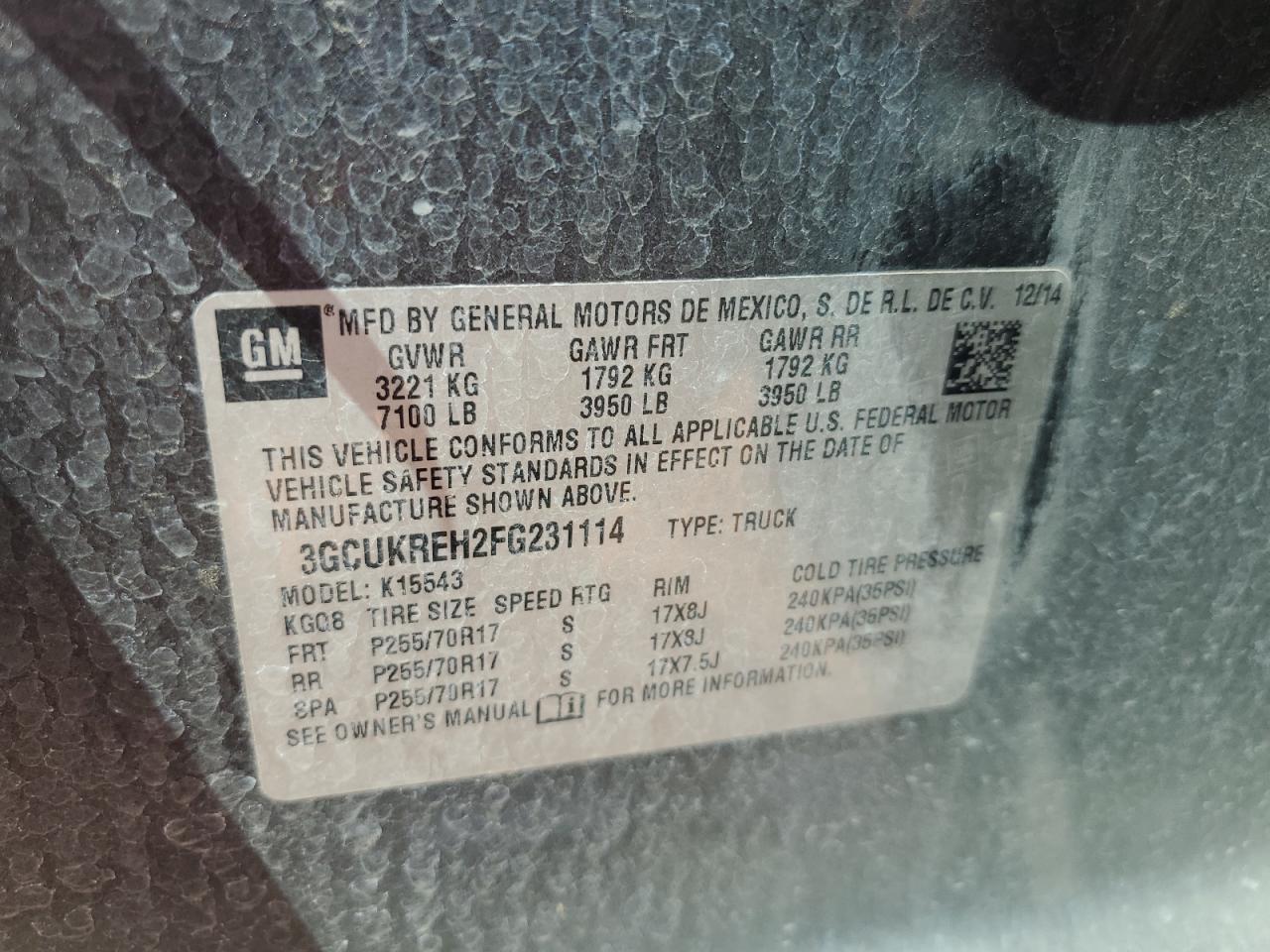 2015 Chevrolet Silverado K1500 Lt VIN: 3GCUKREH2FG231114 Lot: 50379985