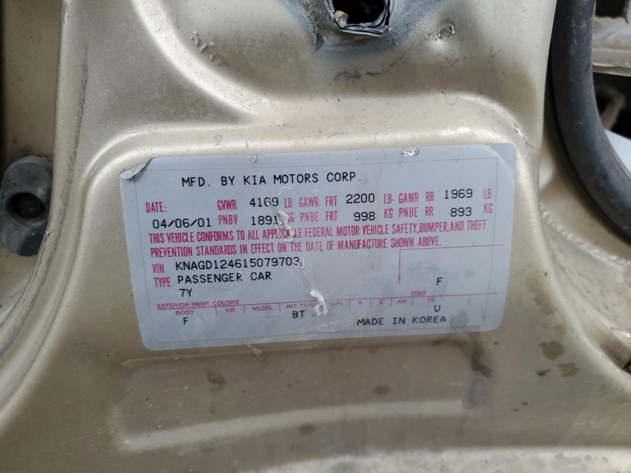 2001 Kia Optima Magentis VIN: KNAGD124615079703 Lot: 53052835