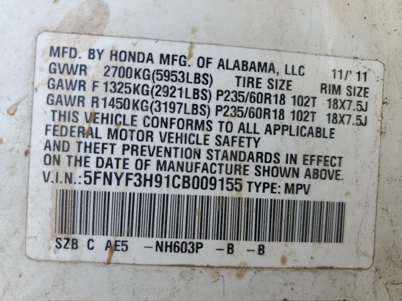 2012 Honda Pilot Touring VIN: 5FNYF3H91CB009155 Lot: 50989145