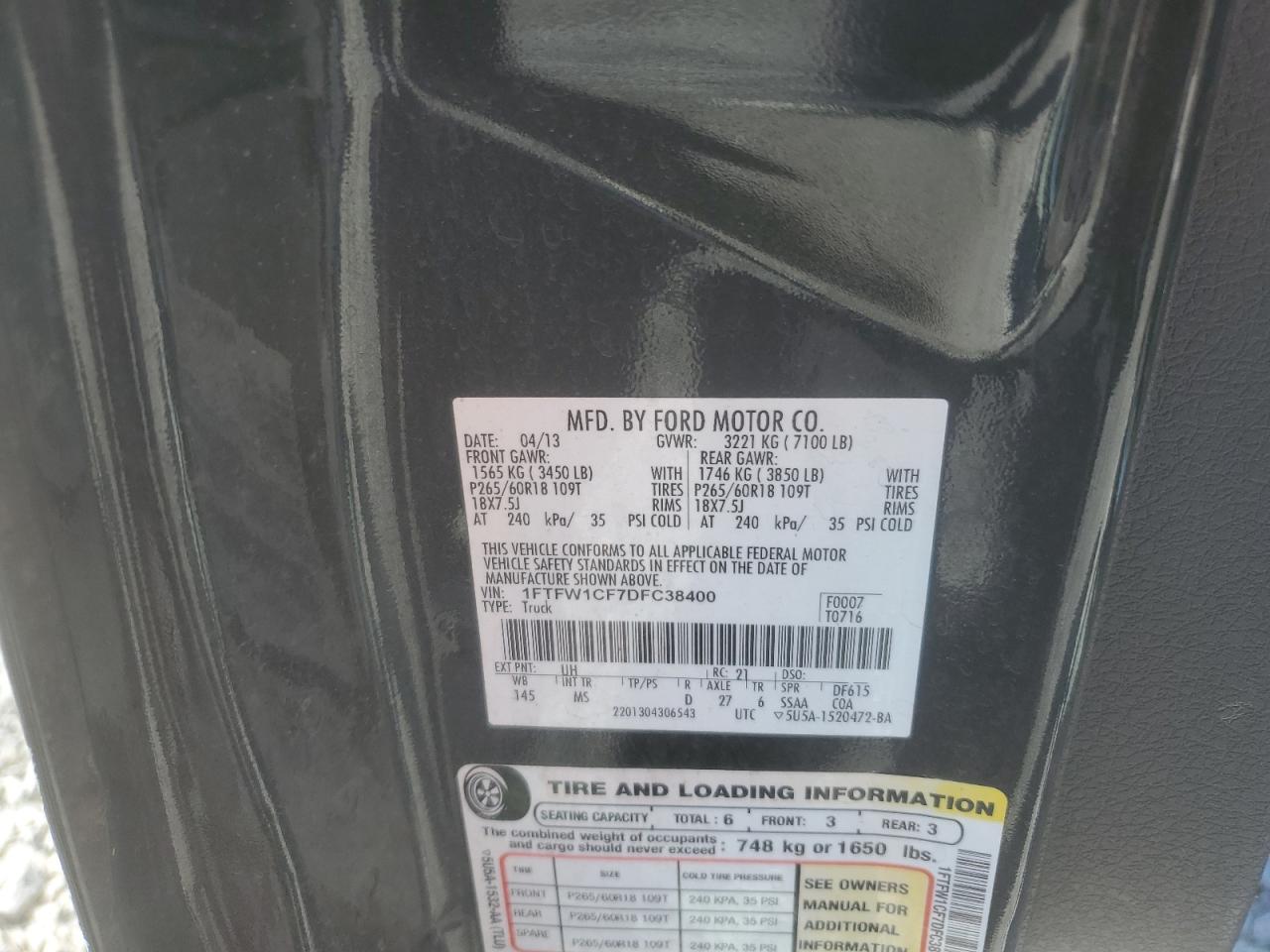 2013 Ford F150 Supercrew VIN: 1FTFW1CF7DFC38400 Lot: 48687845