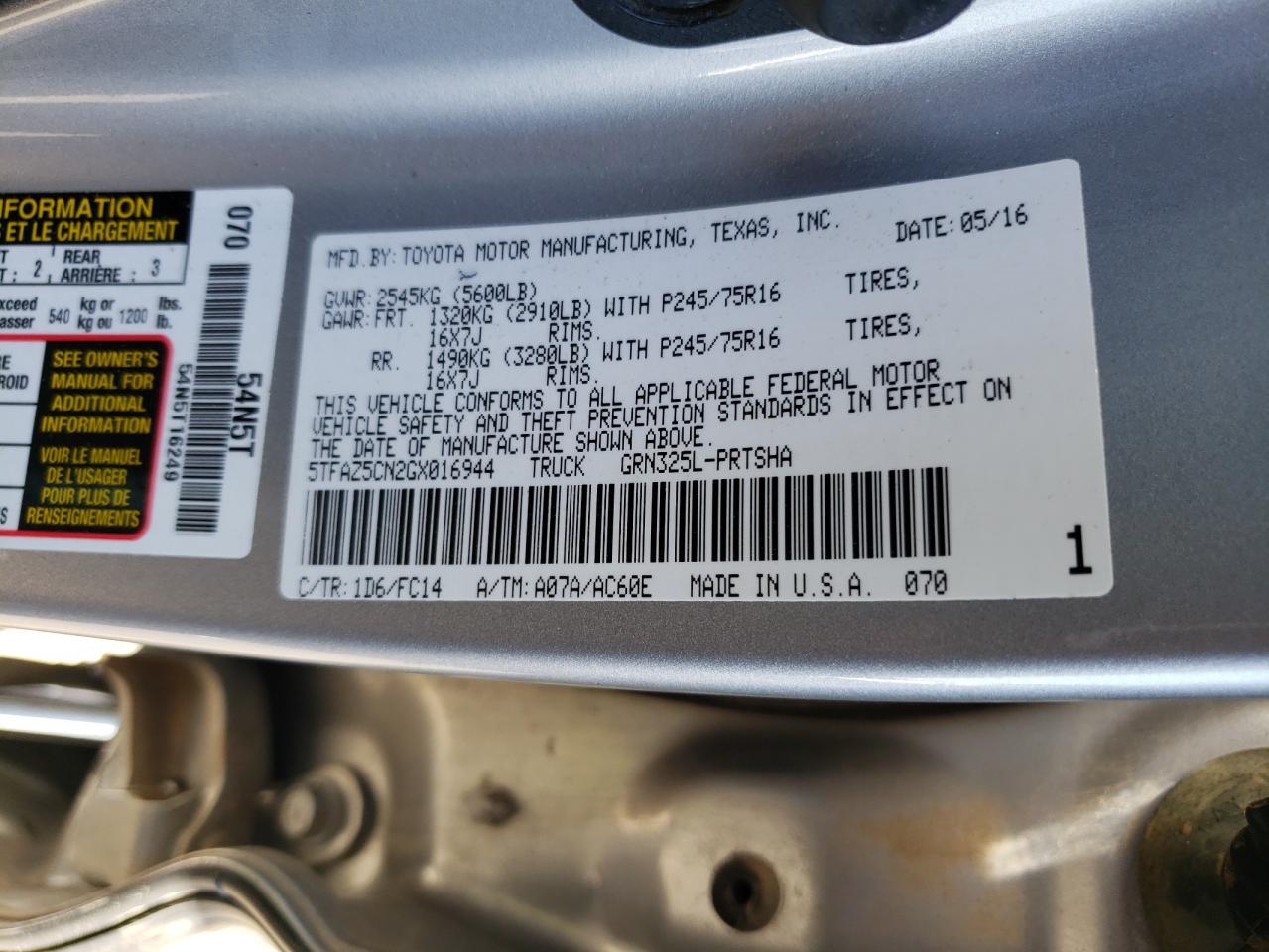 2016 Toyota Tacoma Double Cab VIN: 5TFAZ5CN2GX016944 Lot: 50182655
