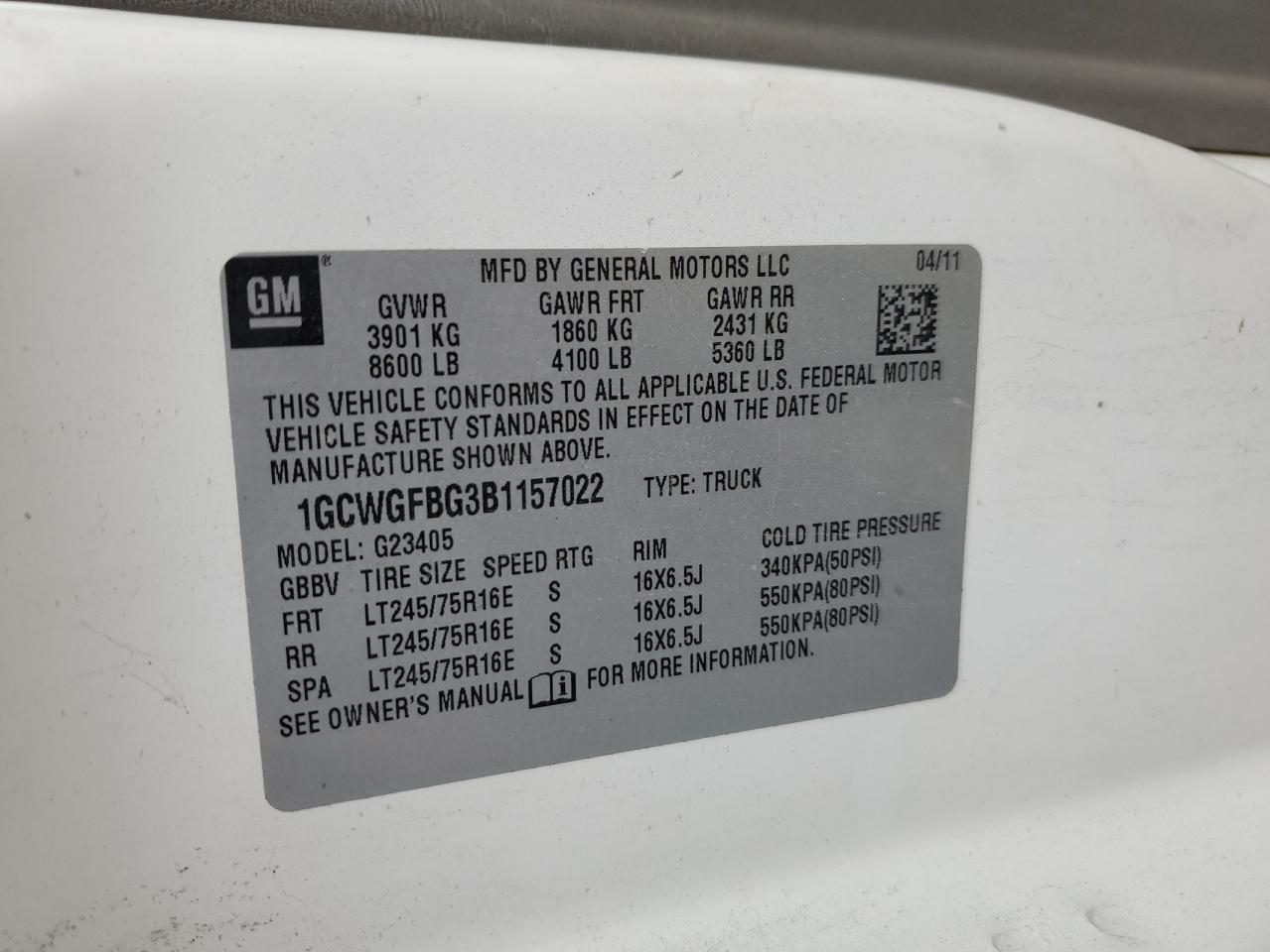 2011 Chevrolet Express G2500 VIN: 1GCWGFBG3B1157022 Lot: 50676865