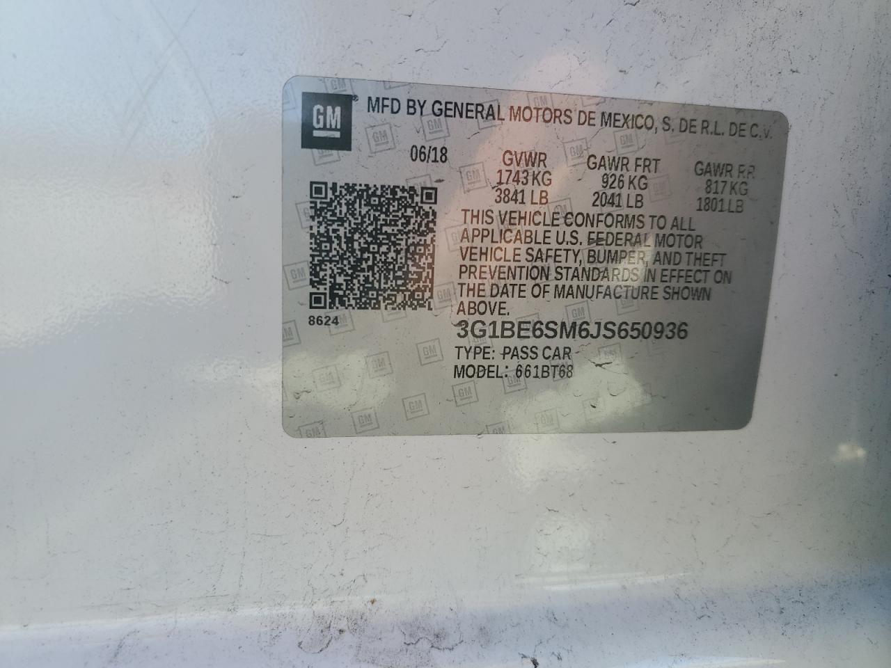 2018 Chevrolet Cruze Lt VIN: 3G1BE6SM6JS650936 Lot: 47455345