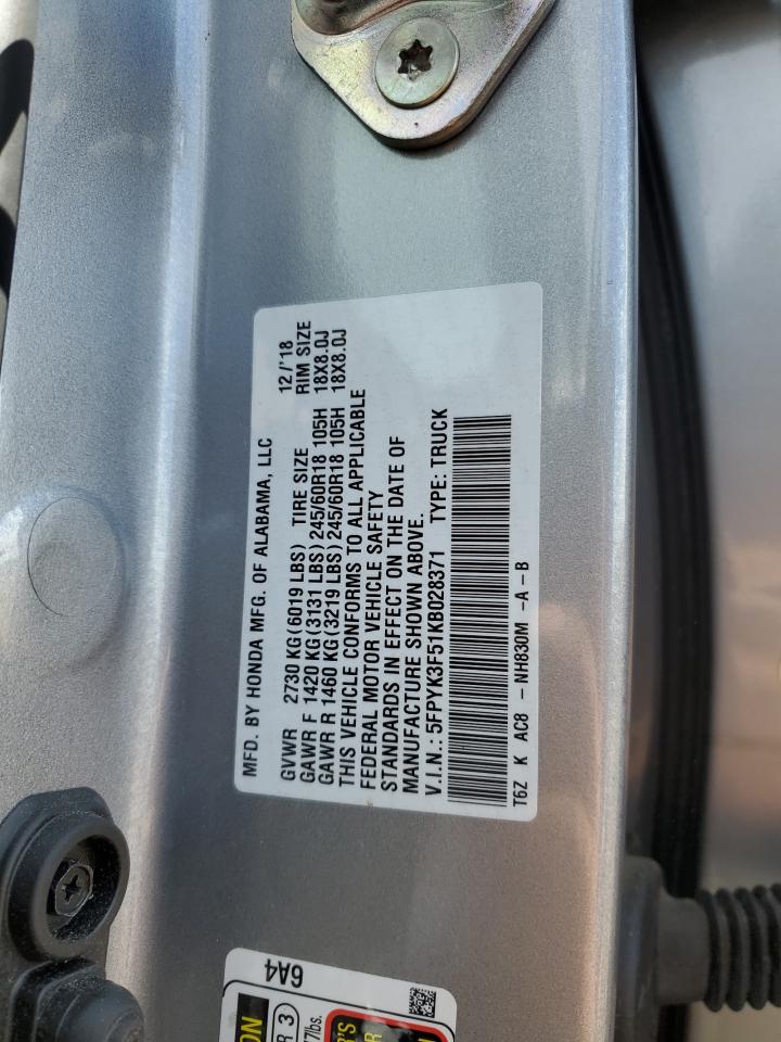 2019 Honda Ridgeline Rtl VIN: 5FPYK3F51KB028371 Lot: 47839265