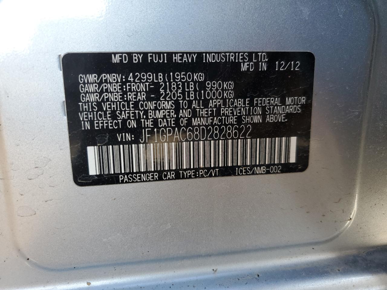 2013 Subaru Impreza Premium VIN: JF1GPAC68D2828622 Lot: 49900165