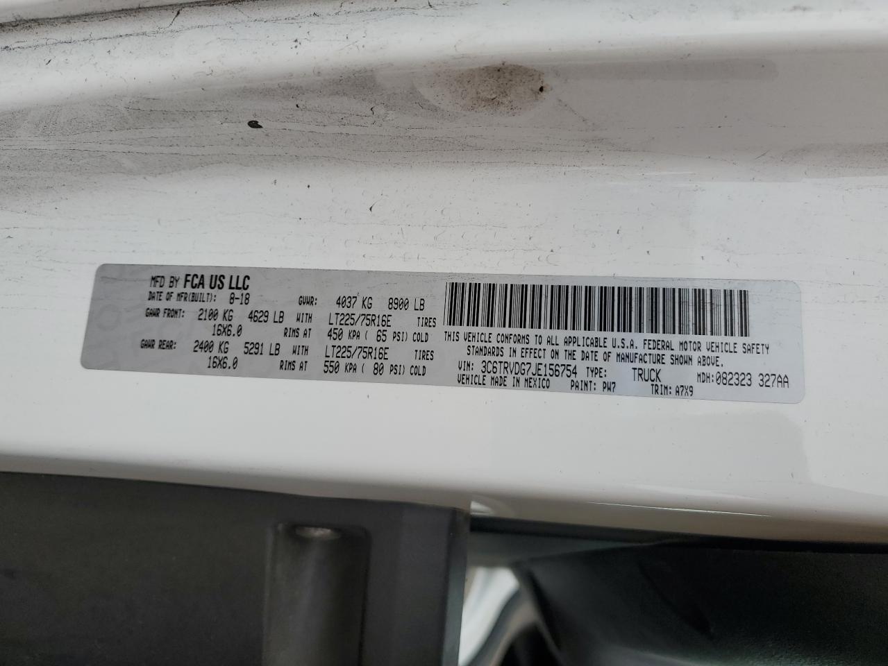 2018 Ram Promaster 2500 2500 High VIN: 3C6TRVDG7JE156754 Lot: 47605305