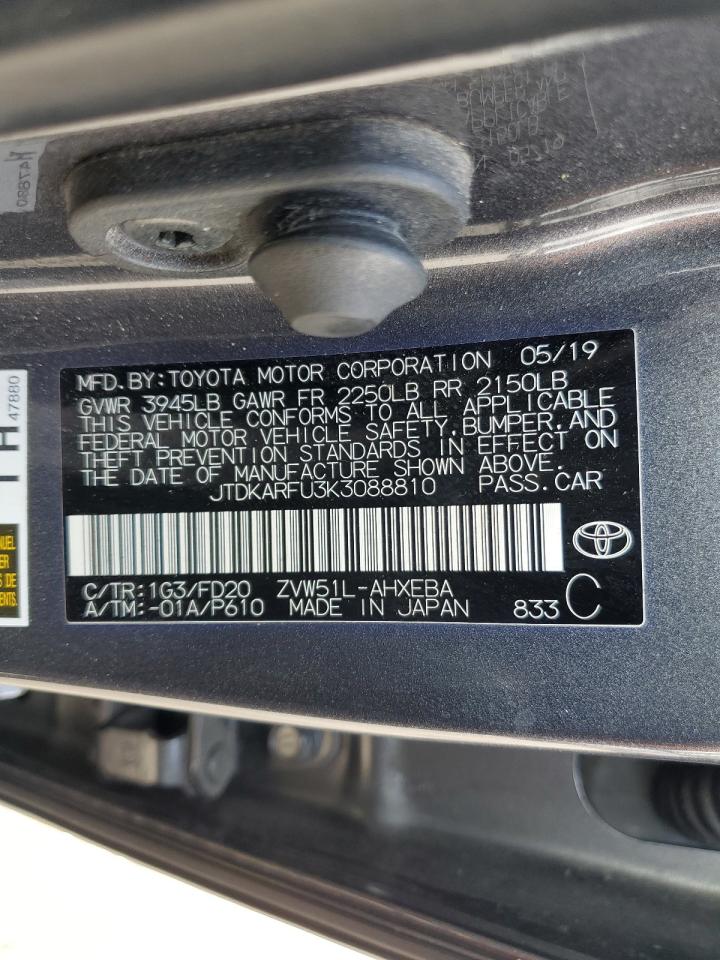 2019 Toyota Prius VIN: JTDKARFU3K3088810 Lot: 51188385