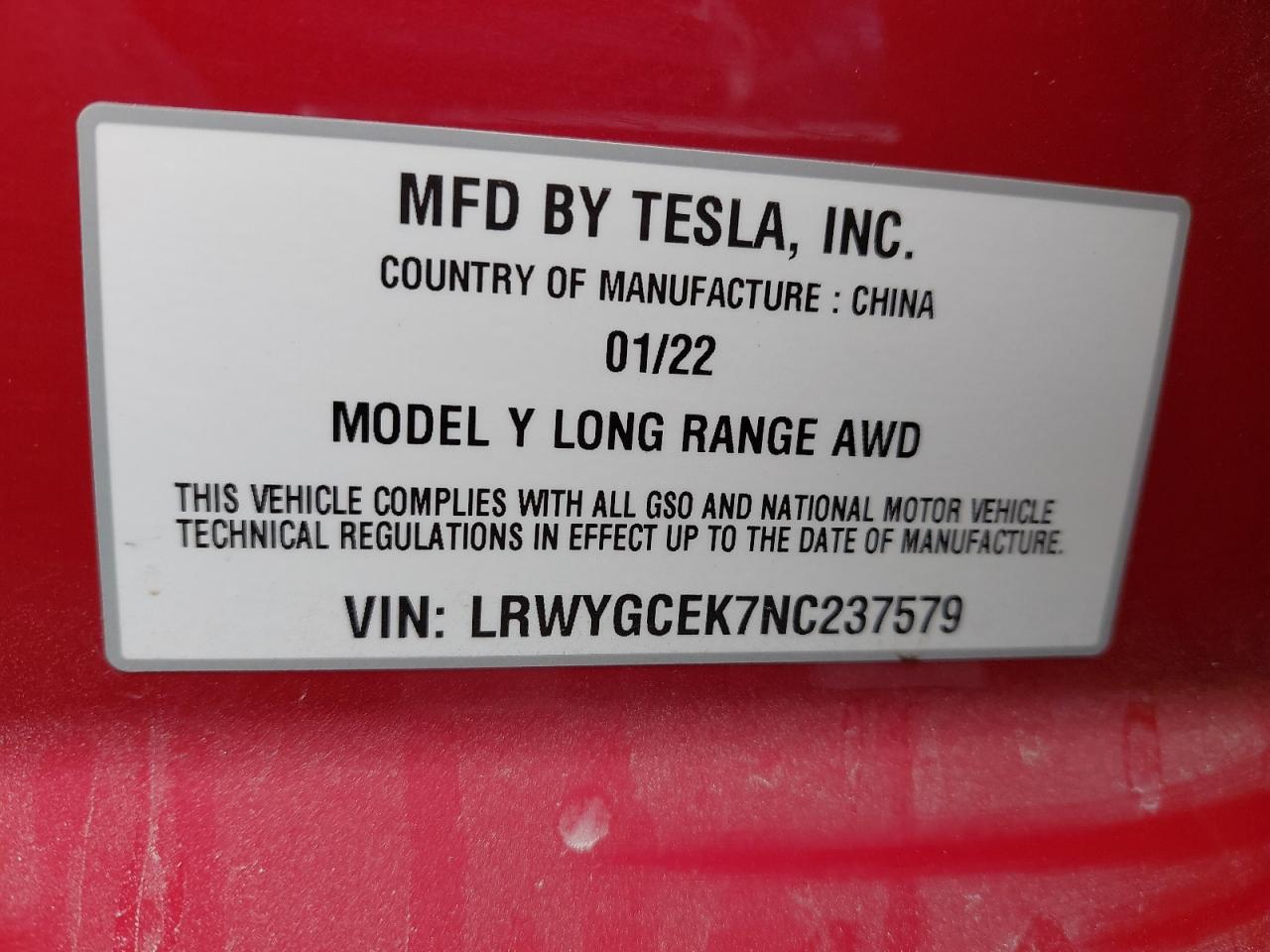 LRWYGCEK7NC237579 - 2022 Tesla MODEL Y - #48603565