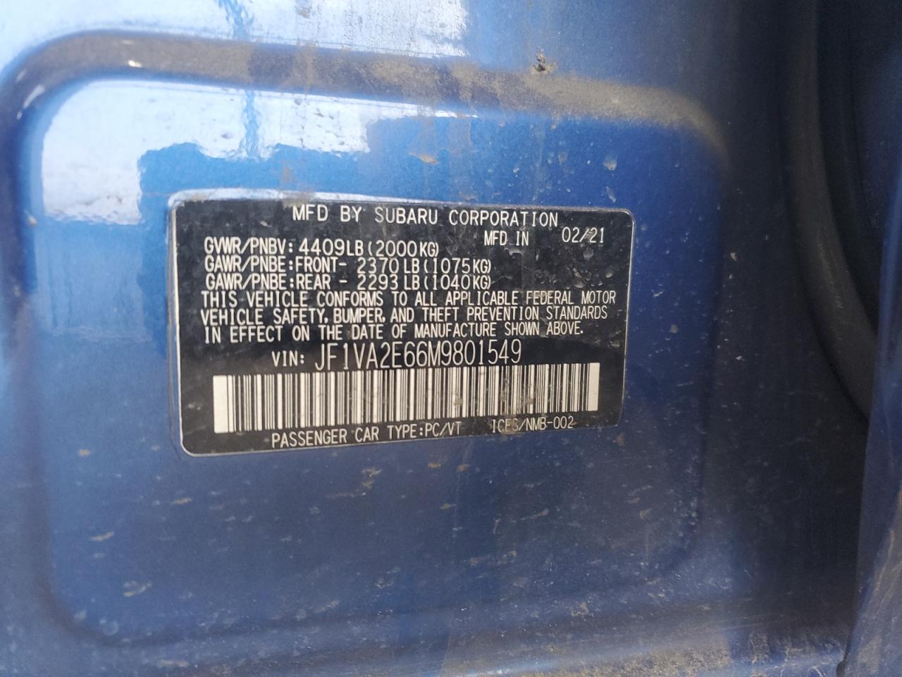 2021 Subaru Wrx Sti VIN: JF1VA2E66M9801549 Lot: 48198675