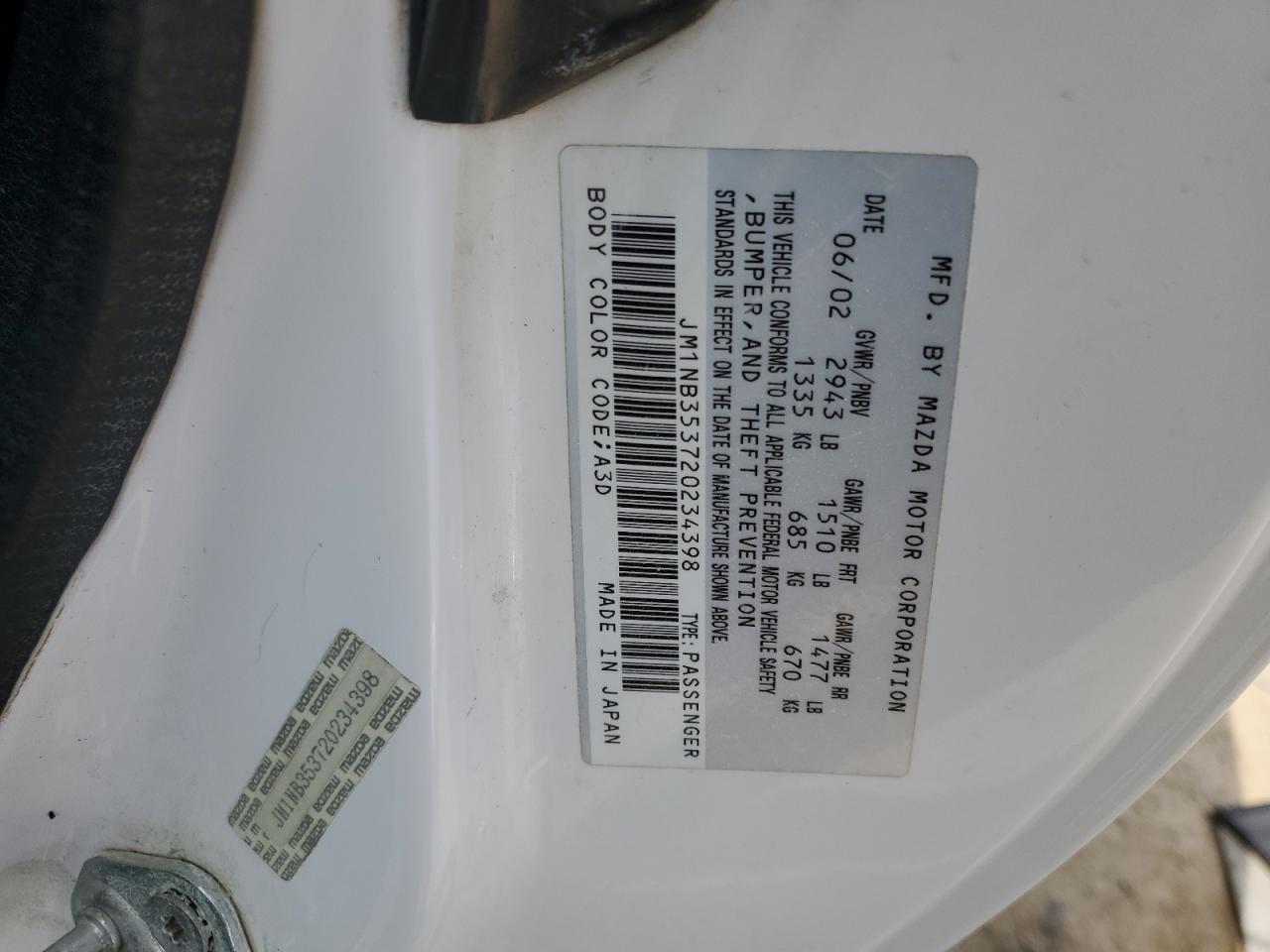 2002 Mazda Mx-5 Miata Base VIN: JM1NB353720234398 Lot: 60597235