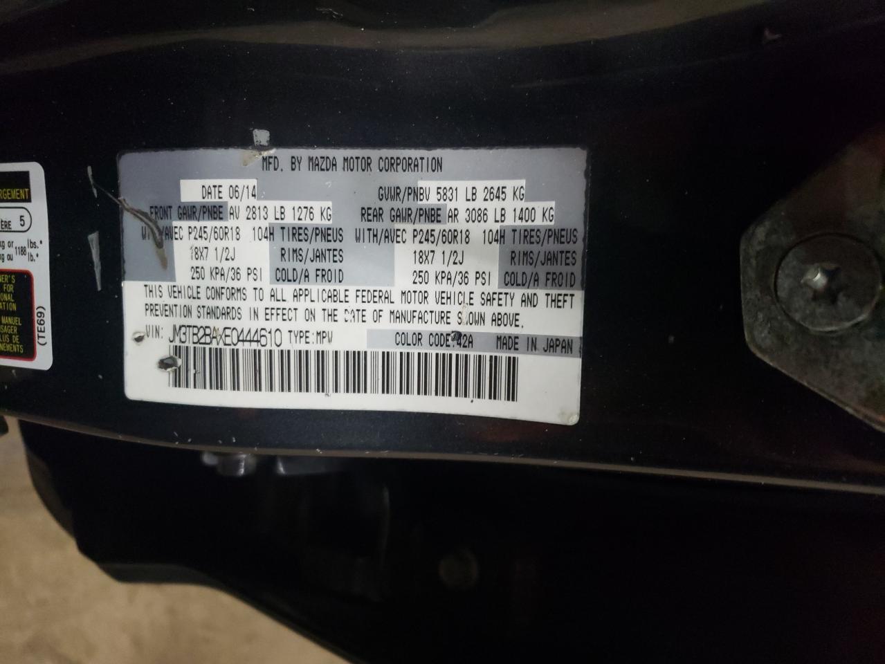 2014 Mazda Cx-9 Sport VIN: JM3TB2BAXE0444610 Lot: 52305995