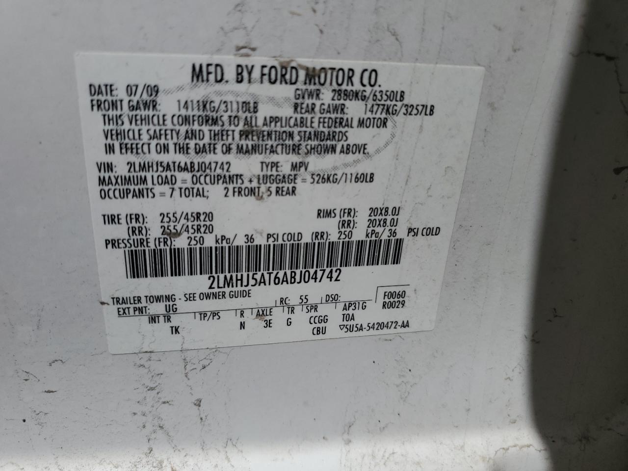 2010 Lincoln Mkt VIN: 2LMHJ5AT6ABJ04742 Lot: 48533215
