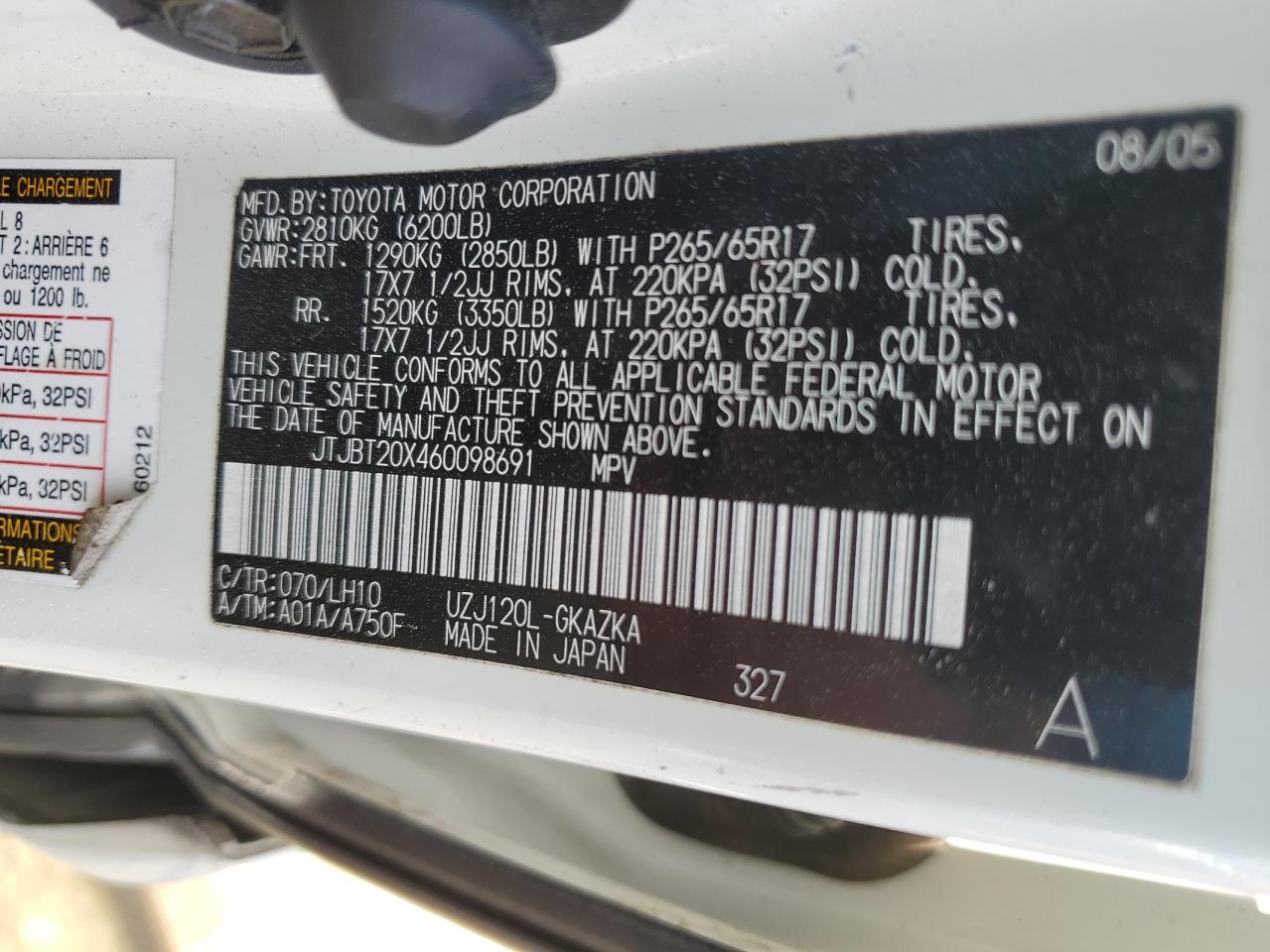 2006 Lexus Gx 470 VIN: JTJBT20X460098691 Lot: 48420545