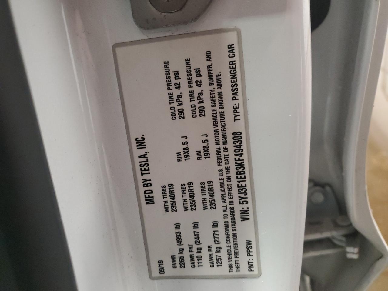 2019 Tesla Model 3 VIN: 5YJ3E1EB3KF494308 Lot: 47875255