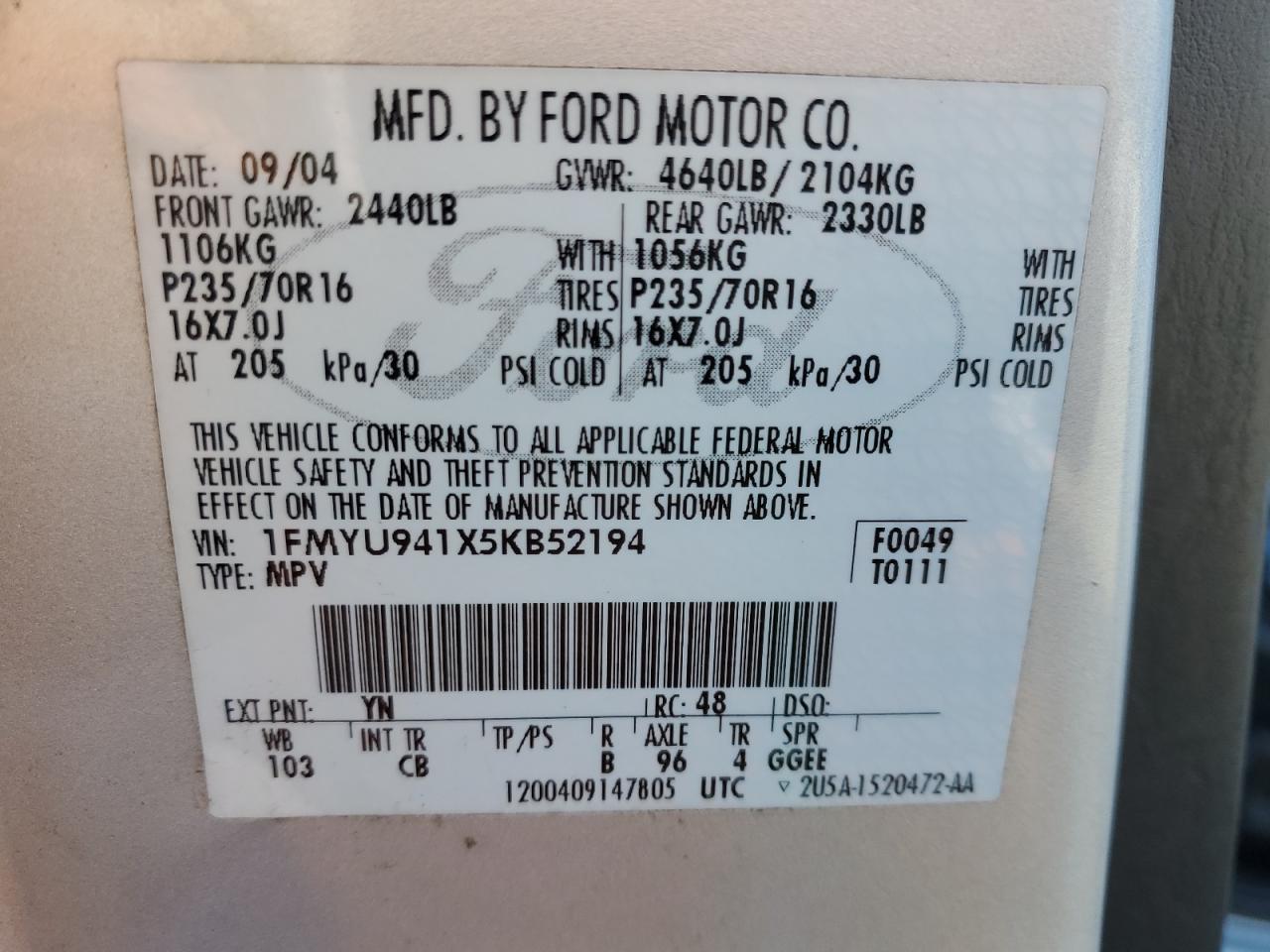 2005 Ford Escape Limited VIN: 1FMYU941X5KB52194 Lot: 48726645
