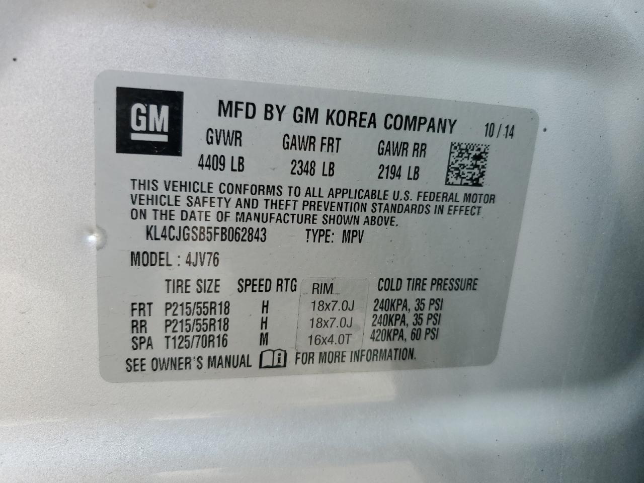 2015 BUICK ENCORE with MECHANICAL damage, VIN KL4CJGSB5FB062843