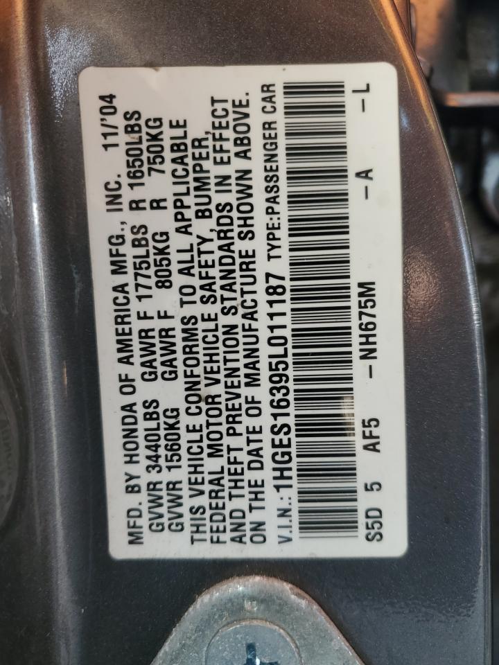 2005 Honda Civic Dx Vp VIN: 1HGES16395L011187 Lot: 48006995