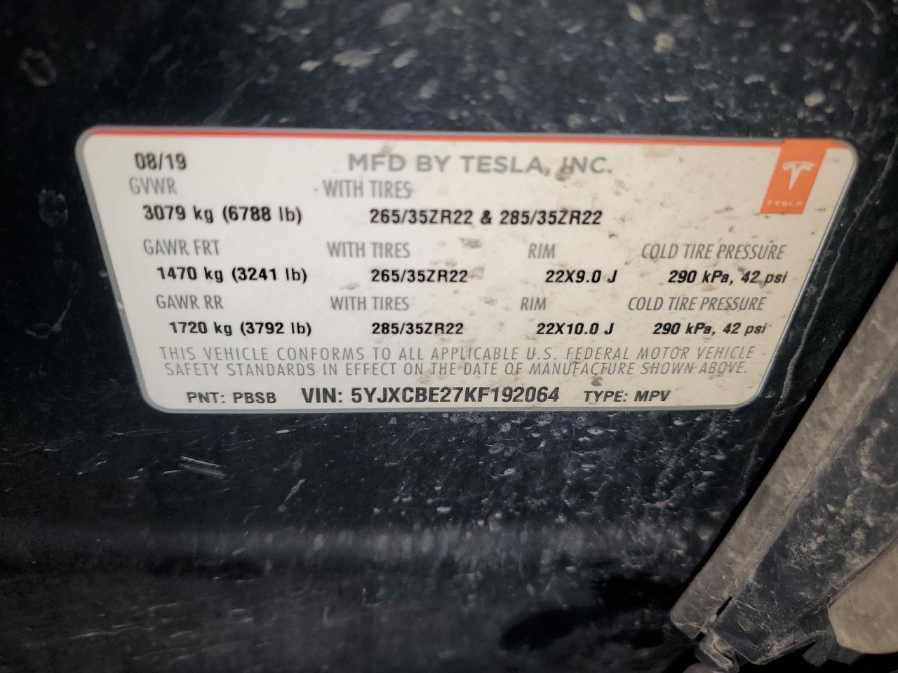 2019 Tesla Model X VIN: 5YJXCBE27KF192064 Lot: 48924455
