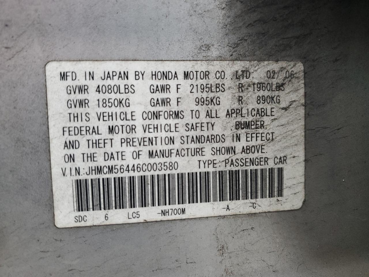 2006 Honda Accord Lx VIN: JHMCM5646C0035802 Lot: 49744385