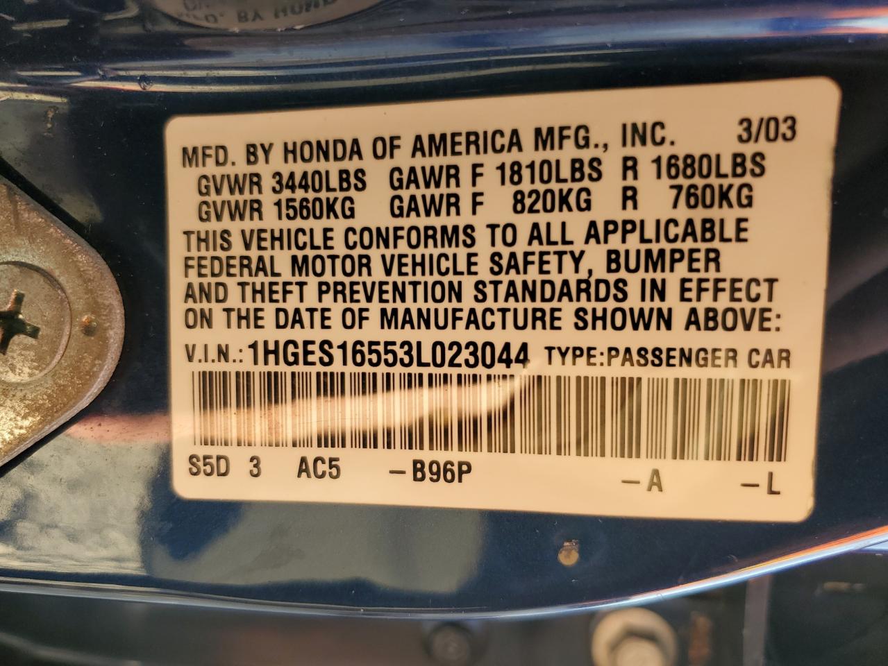 2003 Honda Civic Lx VIN: 1HGES16553L023044 Lot: 50817205