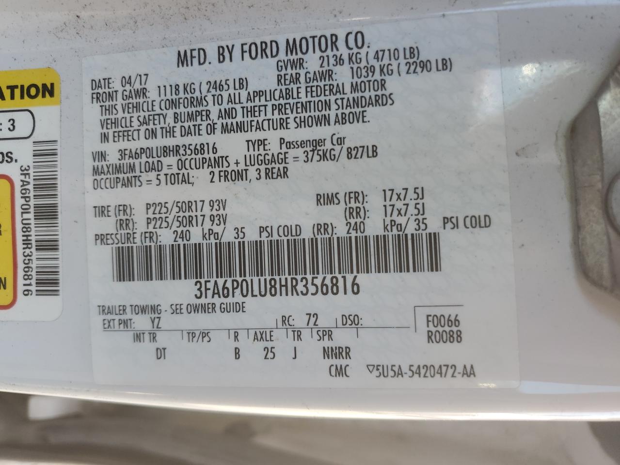 2017 Ford Fusion Se Hybrid VIN: 3FA6P0LU8HR356816 Lot: 51005915