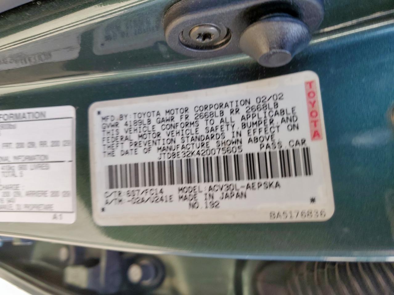 2002 Toyota Camry Le VIN: JTDBE32K420075605 Lot: 48949595