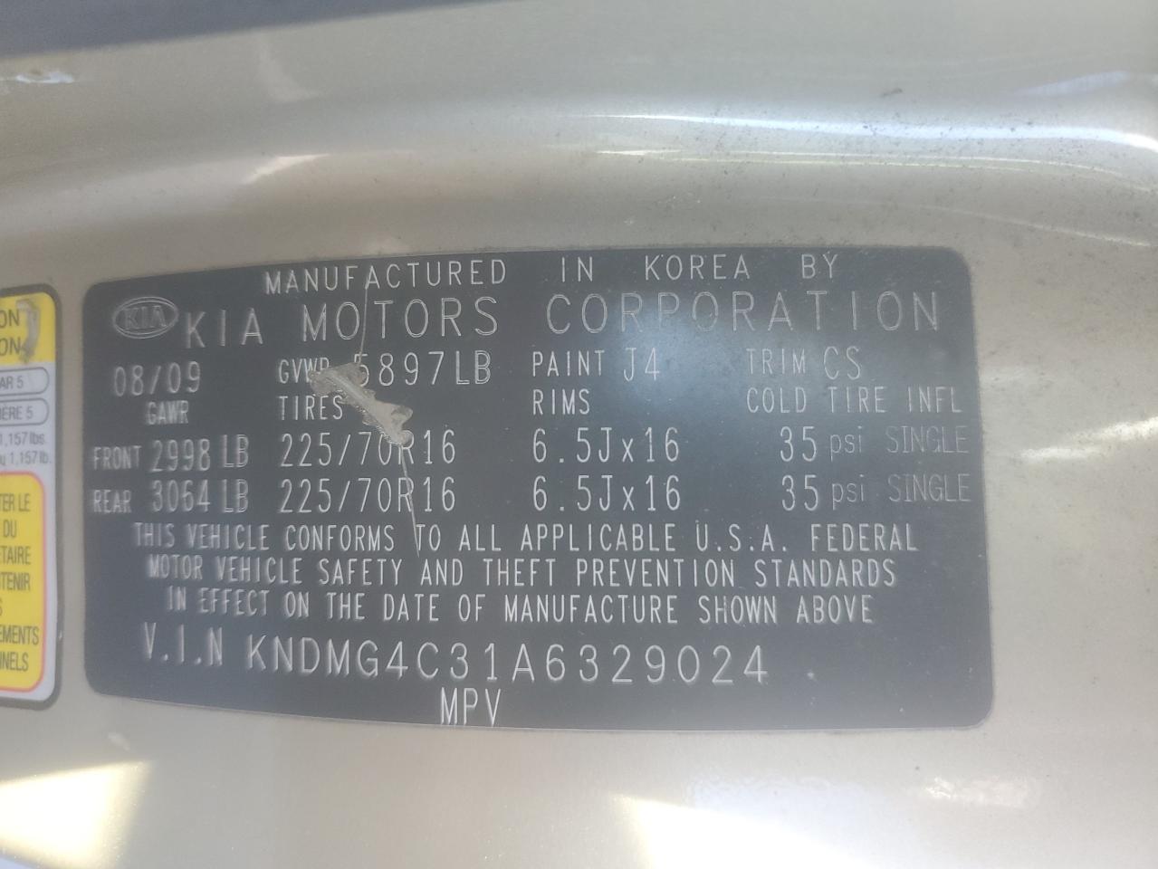 2010 Kia Sedona Lx VIN: KNDMG4C31A6329024 Lot: 48984155