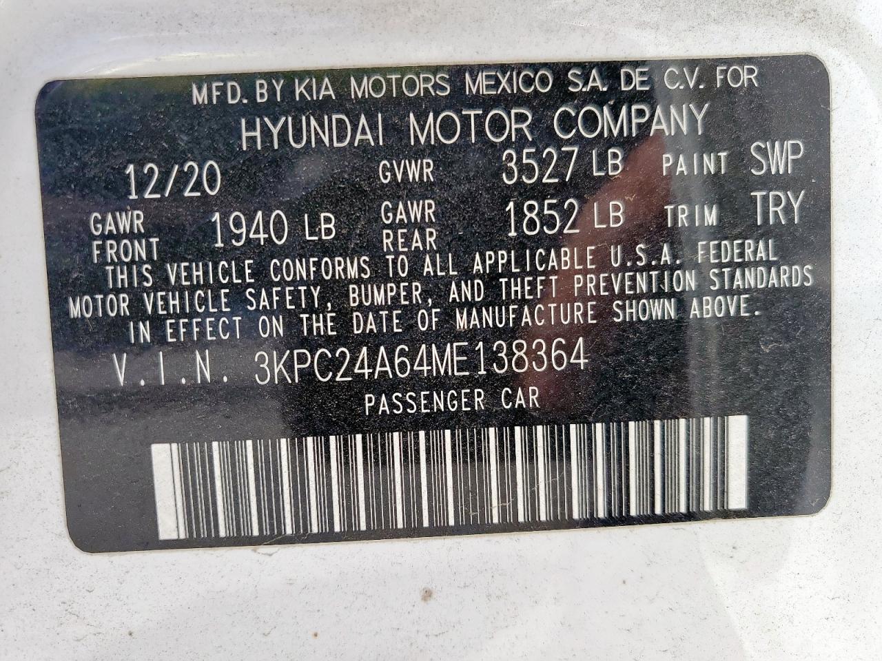 2021 Hyundai Accent Se VIN: 3KPC24A64ME138364 Lot: 49495755