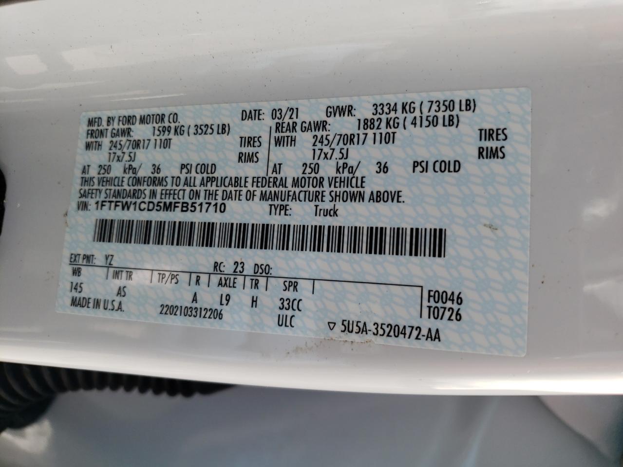 2021 Ford F150 Supercrew VIN: 1FTFW1CD5MFB51710 Lot: 49811455