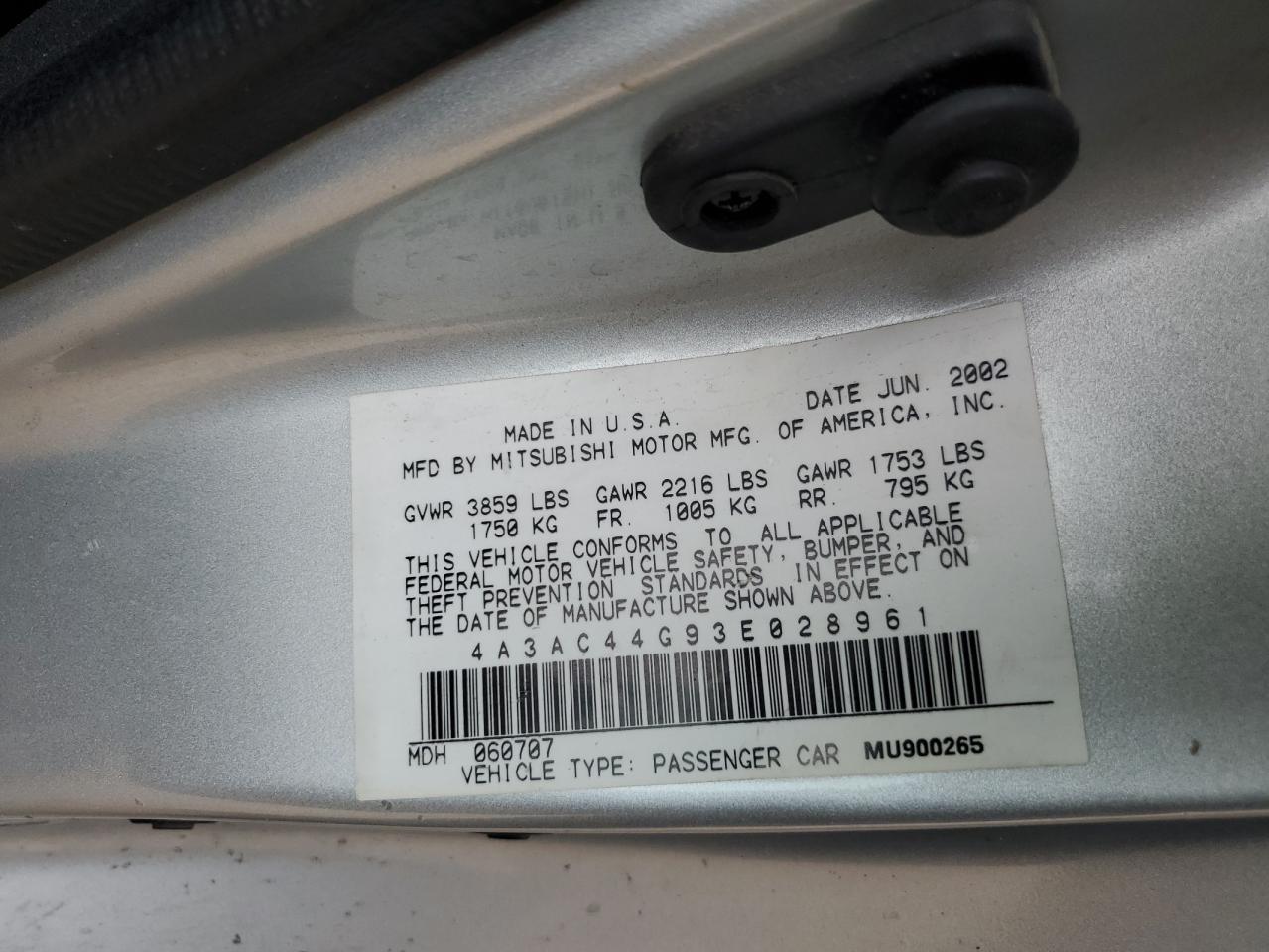 2003 Mitsubishi Eclipse Gs VIN: 4A3AC44G93E028961 Lot: 48508975