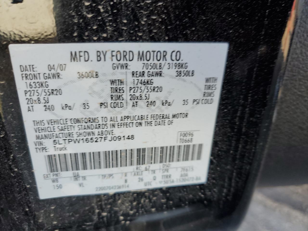 2007 Lincoln Mark Lt VIN: 5LTPW16527FJ09148 Lot: 47637915