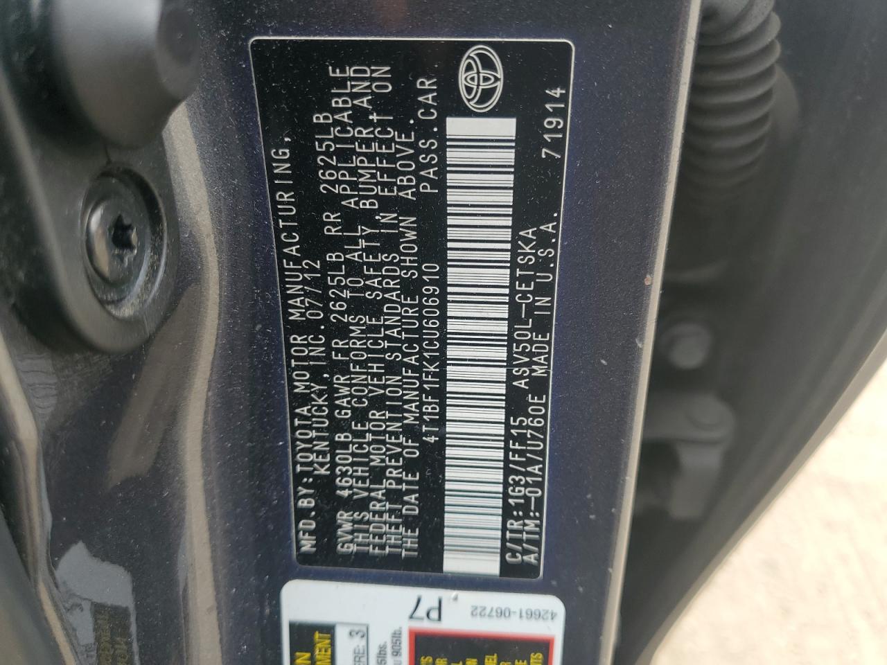 2012 Toyota Camry Base VIN: 4T1BF1FK1CU606910 Lot: 49374595