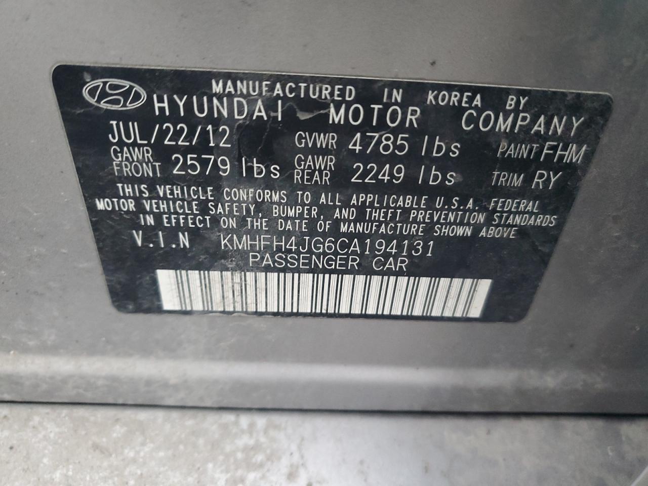 2012 Hyundai Azera Gls VIN: KMHFH4JG6CA194131 Lot: 50253965
